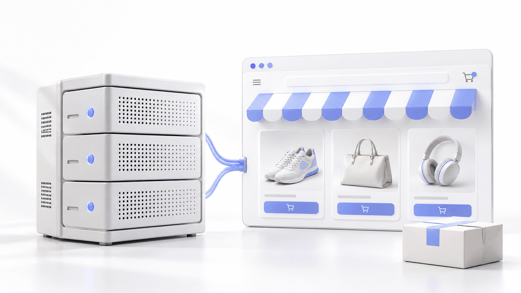 Serveur VPS relié à une boutique en ligne, illustrant l’hébergement e-commerce