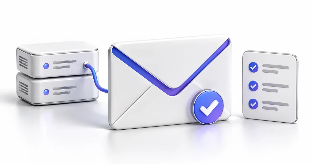 Illustration 3D d'un e-mail authentifié : enveloppe marquée d'une coche bleue, reliée à un serveur, près d'une liste de contrôles validés