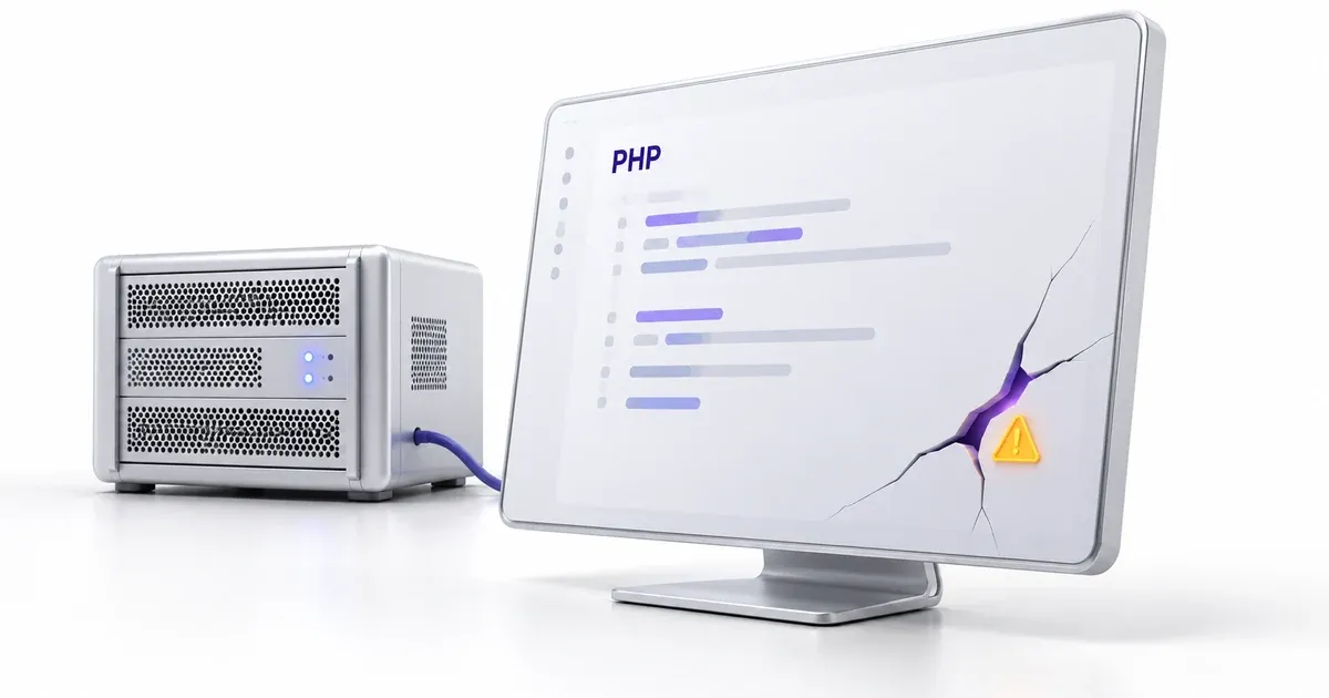 Illustration 3D d'un écran de code PHP fissuré, marqué d'un symbole d'alerte, relié à un serveur